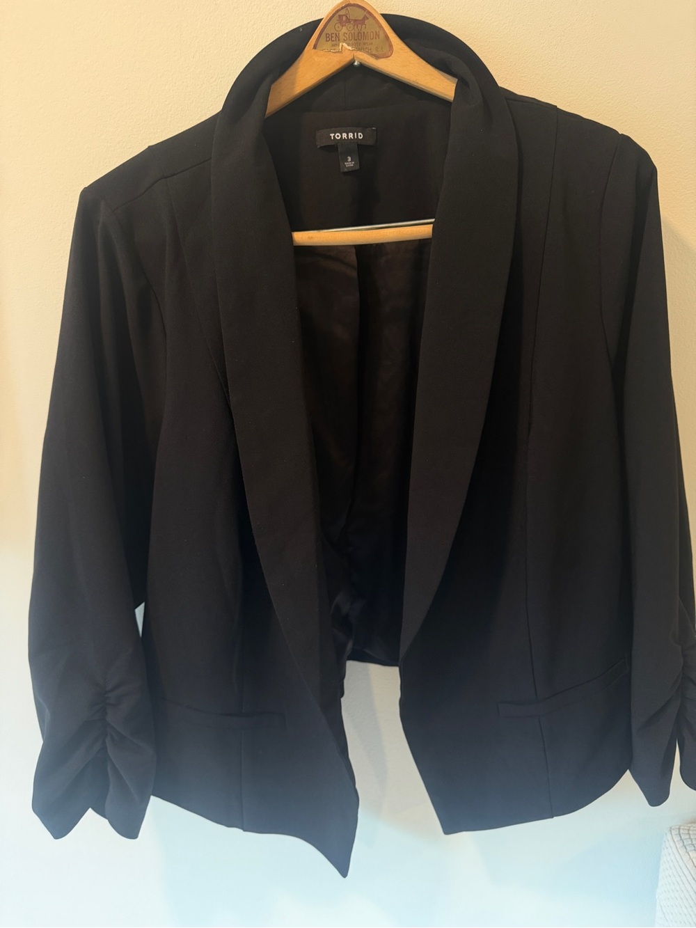 torrid Black Open-Front Shawl Collar Blazer with Ruched Sleeves